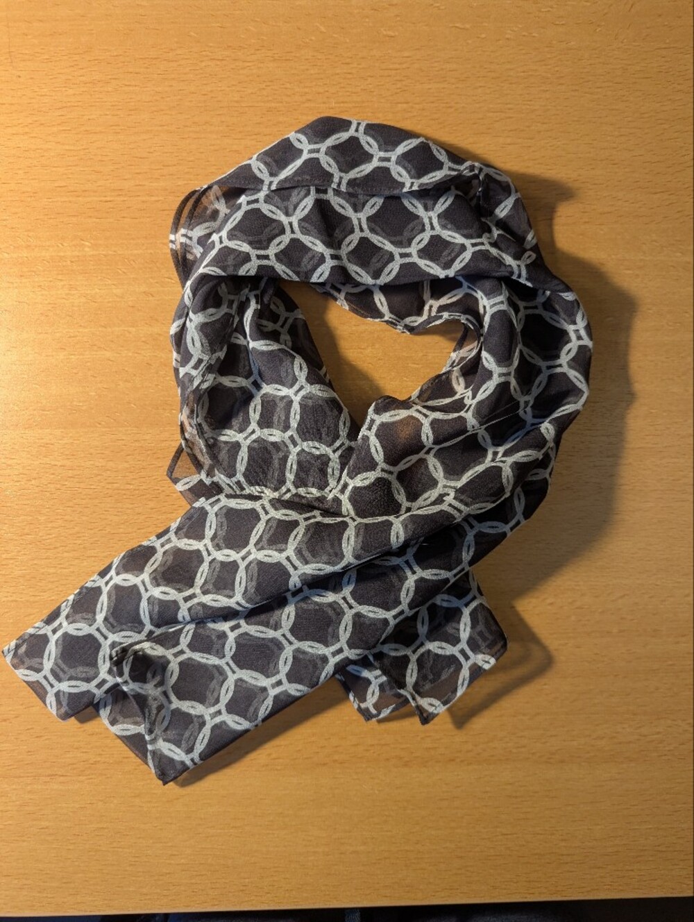 Mexx 100% Silk Black Scarf with White Linked Circle Pattern